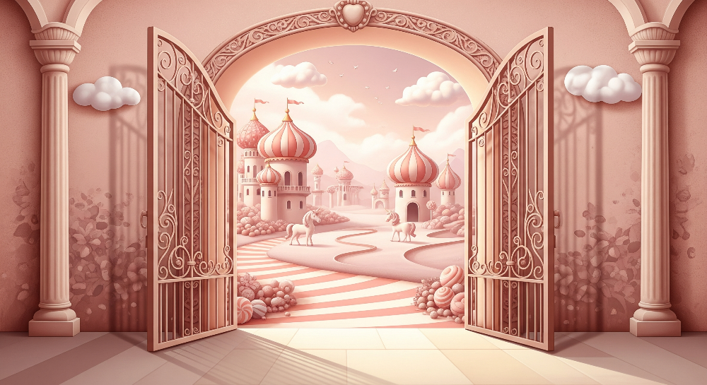 Kids-Mundo flat artwork preview of the pink palace wall mural design with two unicorns and gates.