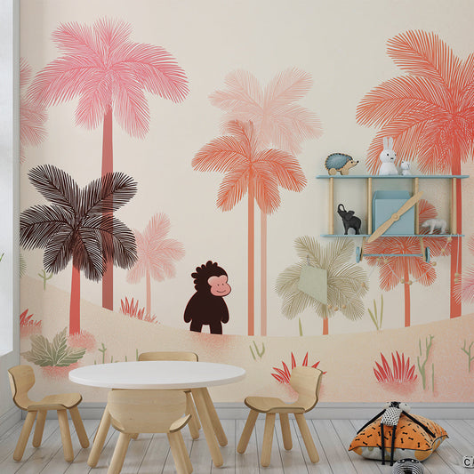 Kids-Mundo pink palm tree monkey wall mural styled in a child's bedroom