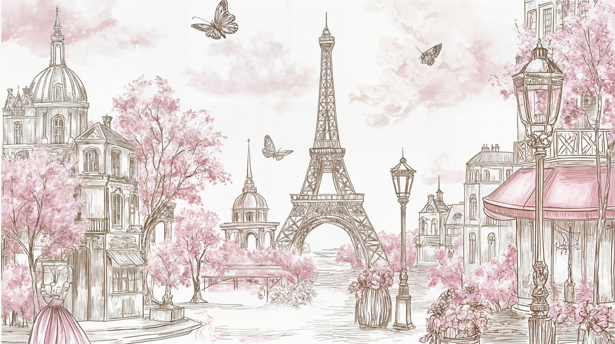 Pink Paris Street Scene Wall Mural