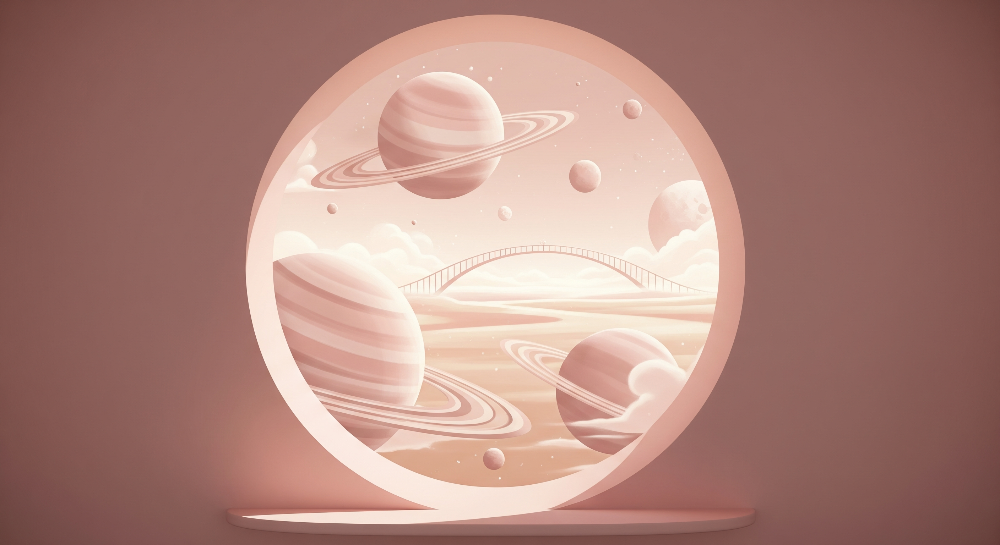 Kids-Mundo flat artwork for the pink planet portal wall mural, showing planets, clouds and a bridge