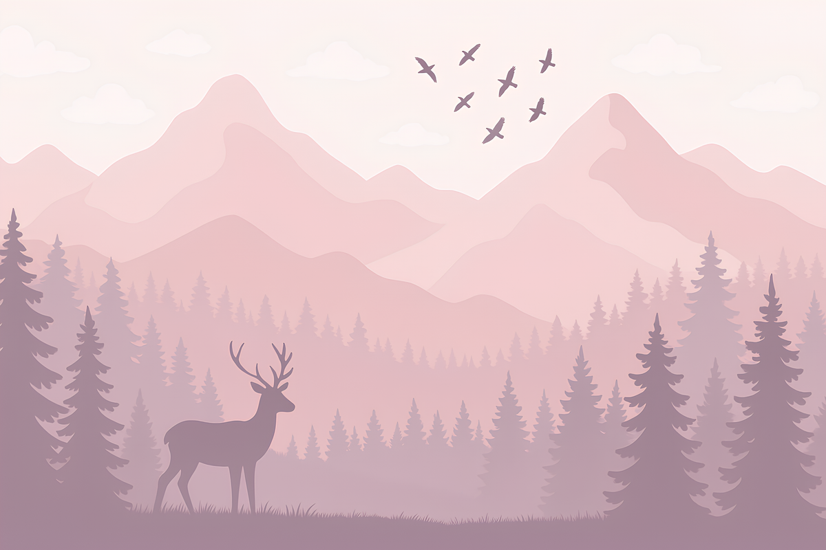 Dusty Pink Woodland Deer and Mountains Wall Mural