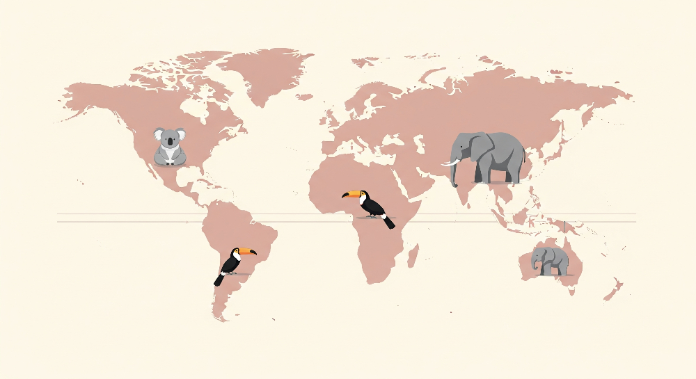 Kids-Mundo flat artwork of a dusty pink world map with a koala, toucans and a mother-and-baby elephant