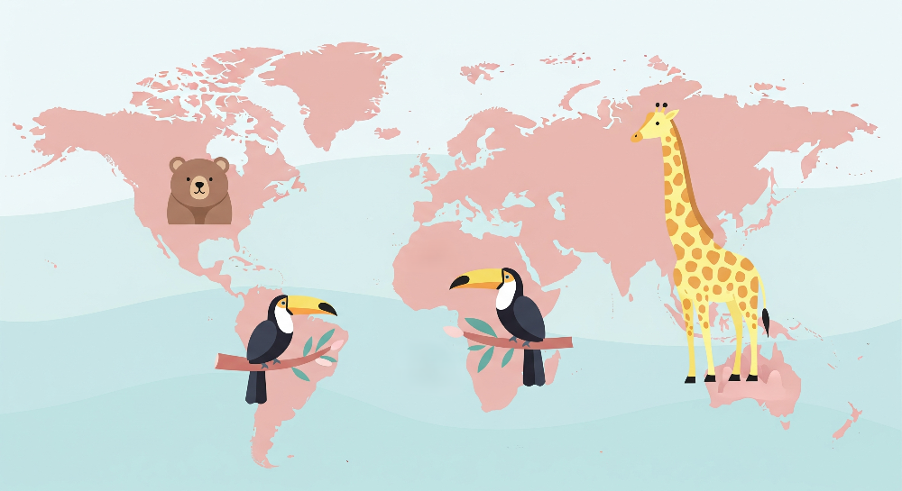 Pink World Map with Giraffe and Toucans Wall Mural