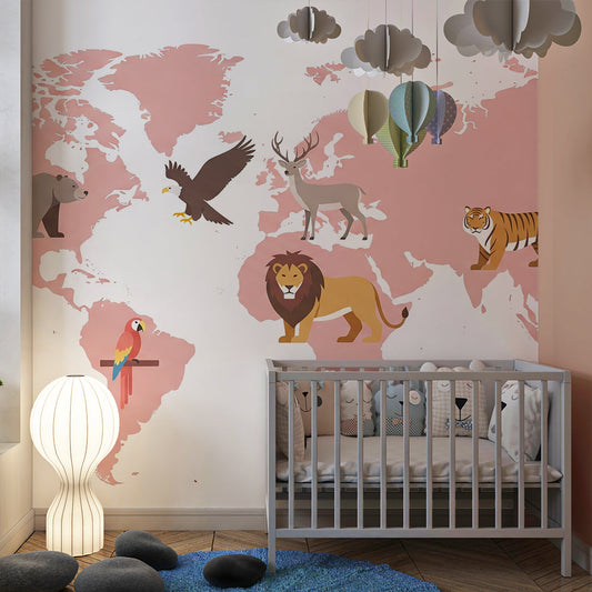 Kids-Mundo pink world map wall mural covering the wall of a bright kids bedroom with a single bed