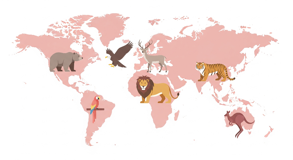 Kids-Mundo flat artwork of a blush-pink world map with bear, lion, tiger, parrot and kangaroo