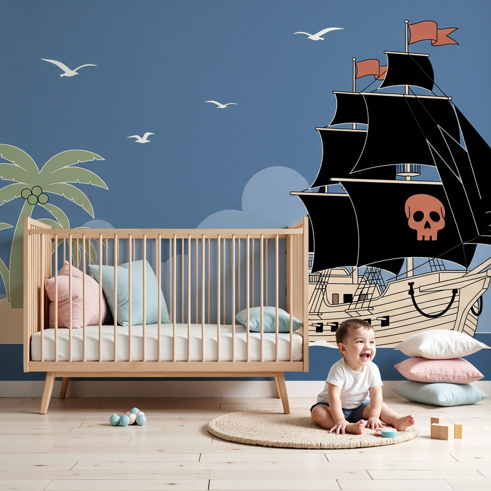Pirate adventure mural wallpaper creating magical maritime-themed children's bedroom by Kids-Mundo