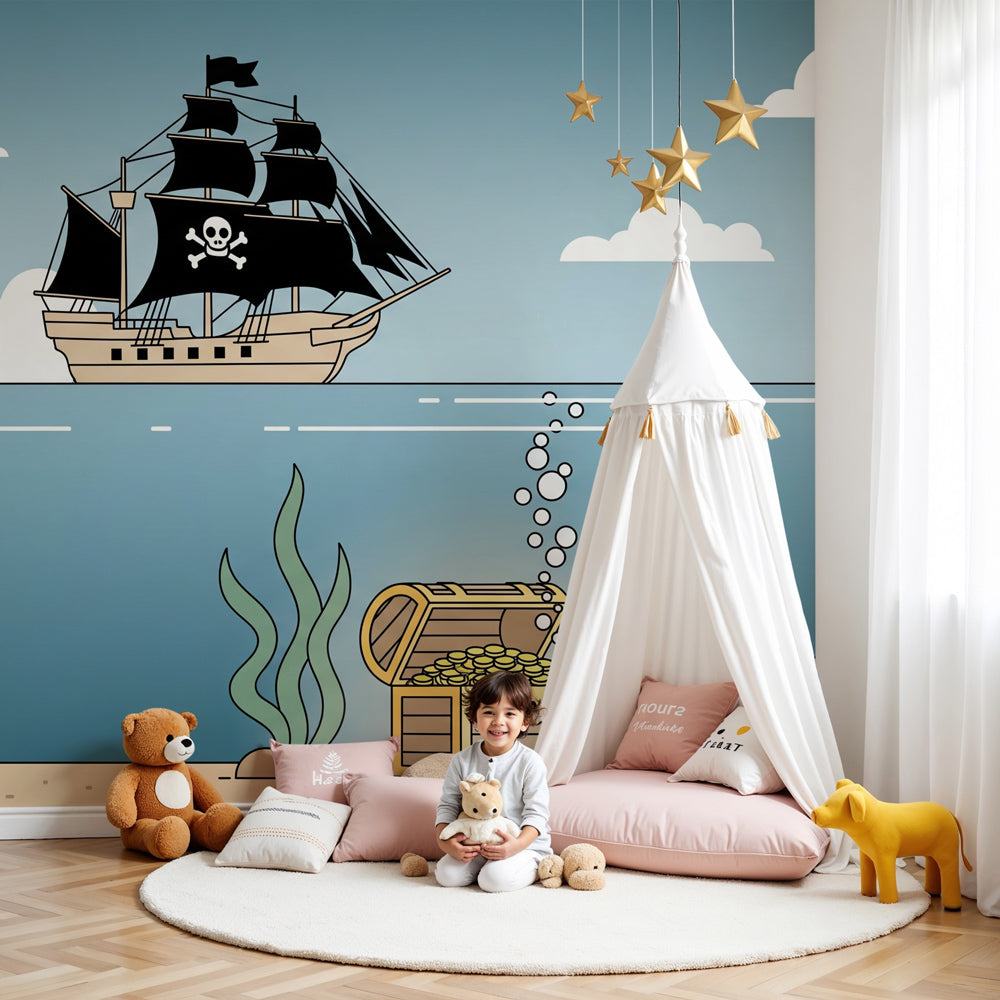 Pirate adventure mural wallpaper with underwater treasure in modern kids bedroom by Kids-Mundo