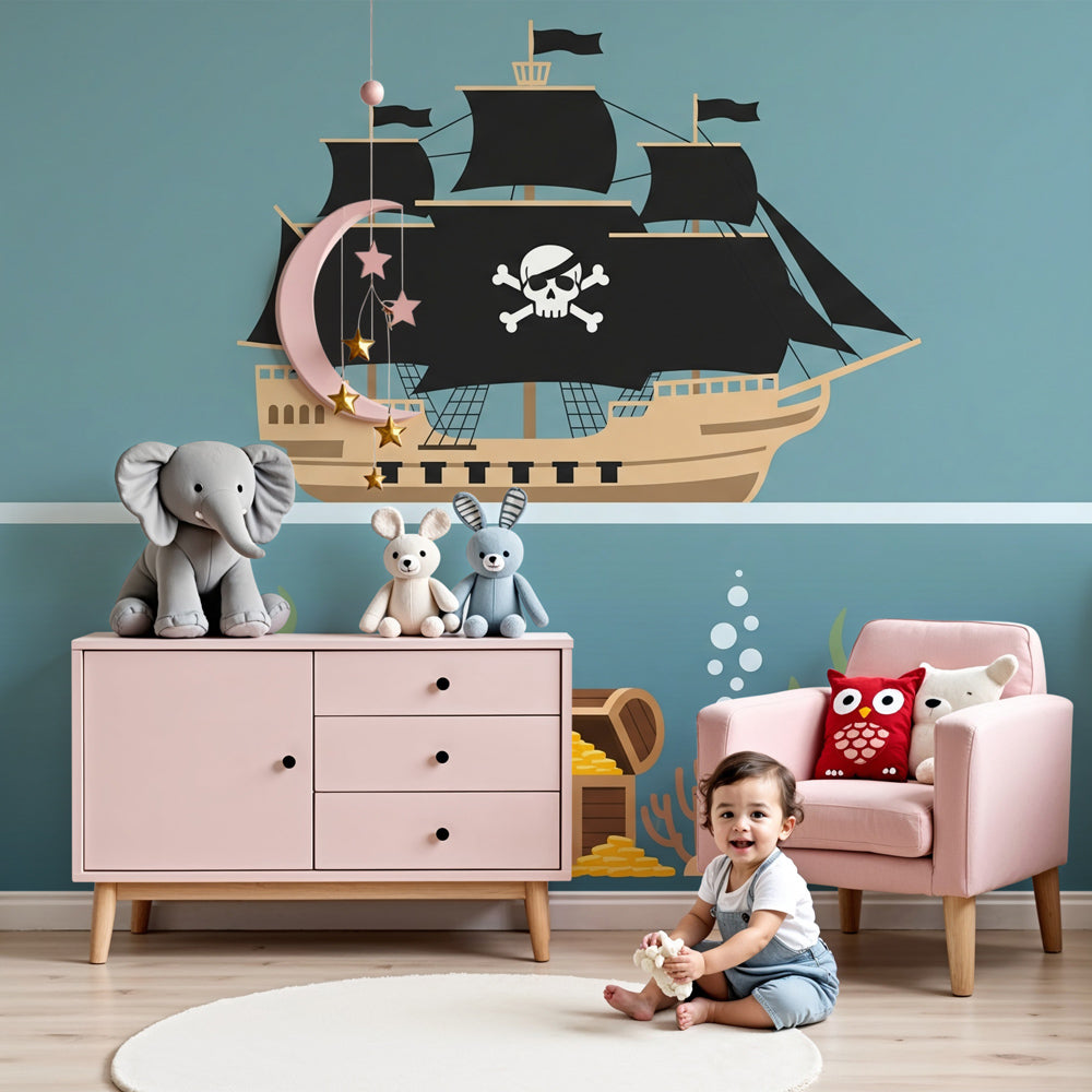 Pirate adventure mural wallpaper in children's bedroom showing treasure ship theme by Kids-Mundo