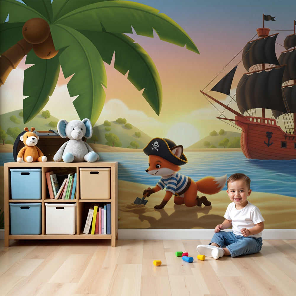 Pirate adventure mural wallpaper with fox treasure hunter in modern children's nursery by Kids-Mundo