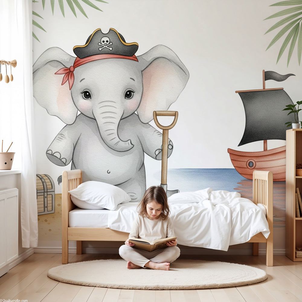 Pirate elephant mural wallpaper in modern baby nursery with soft pastel decor by Kids-Mundo