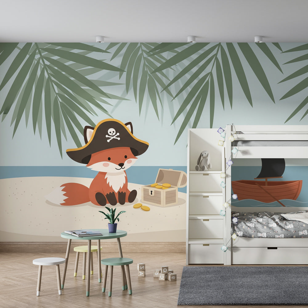Tropical island pirate wallpaper transforming children's bedroom into adventure playground