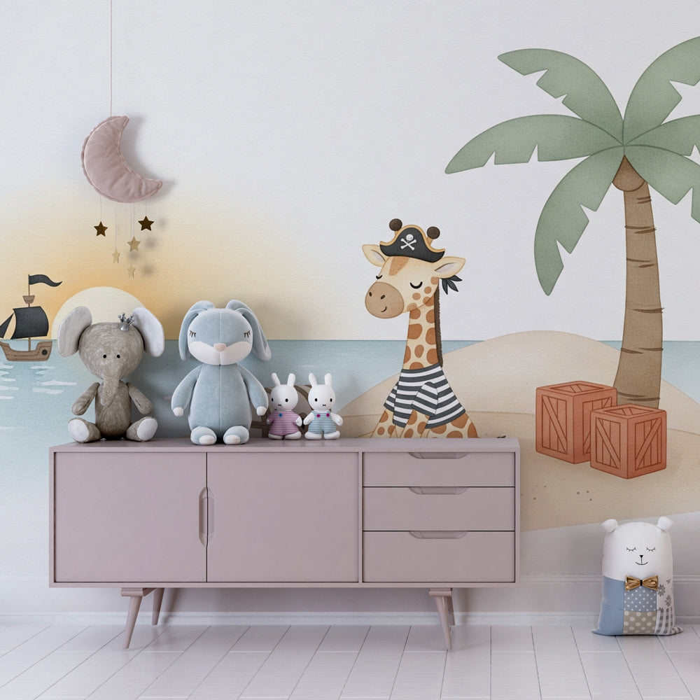 Ocean adventure wallpaper featuring pirate giraffe in cozy children's bedroom decor