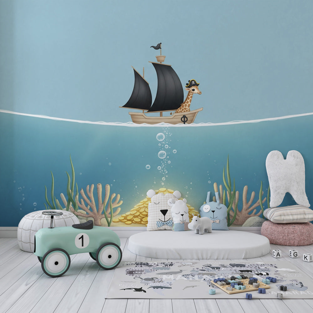 Ocean adventure giraffe pirate wallpaper creating magical kids bedroom atmosphere