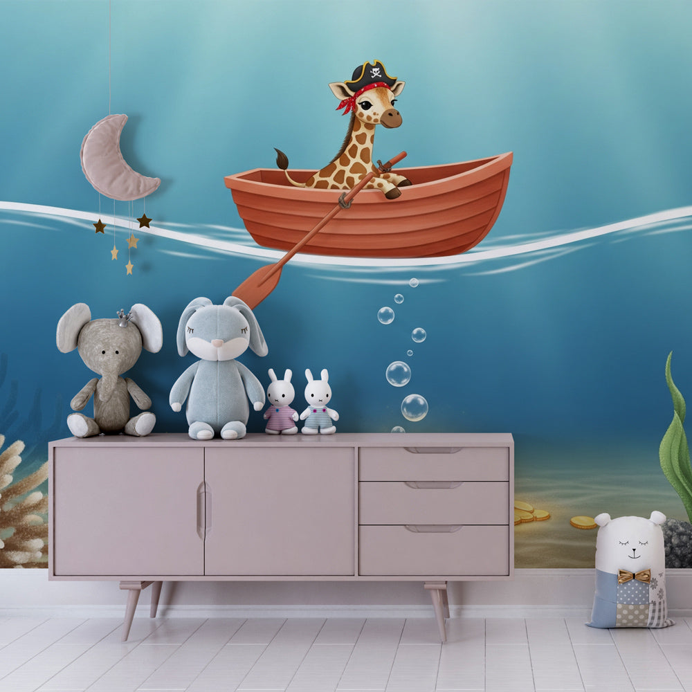 Ocean adventure mural wallpaper creating magical kids bedroom with pirate giraffe design
