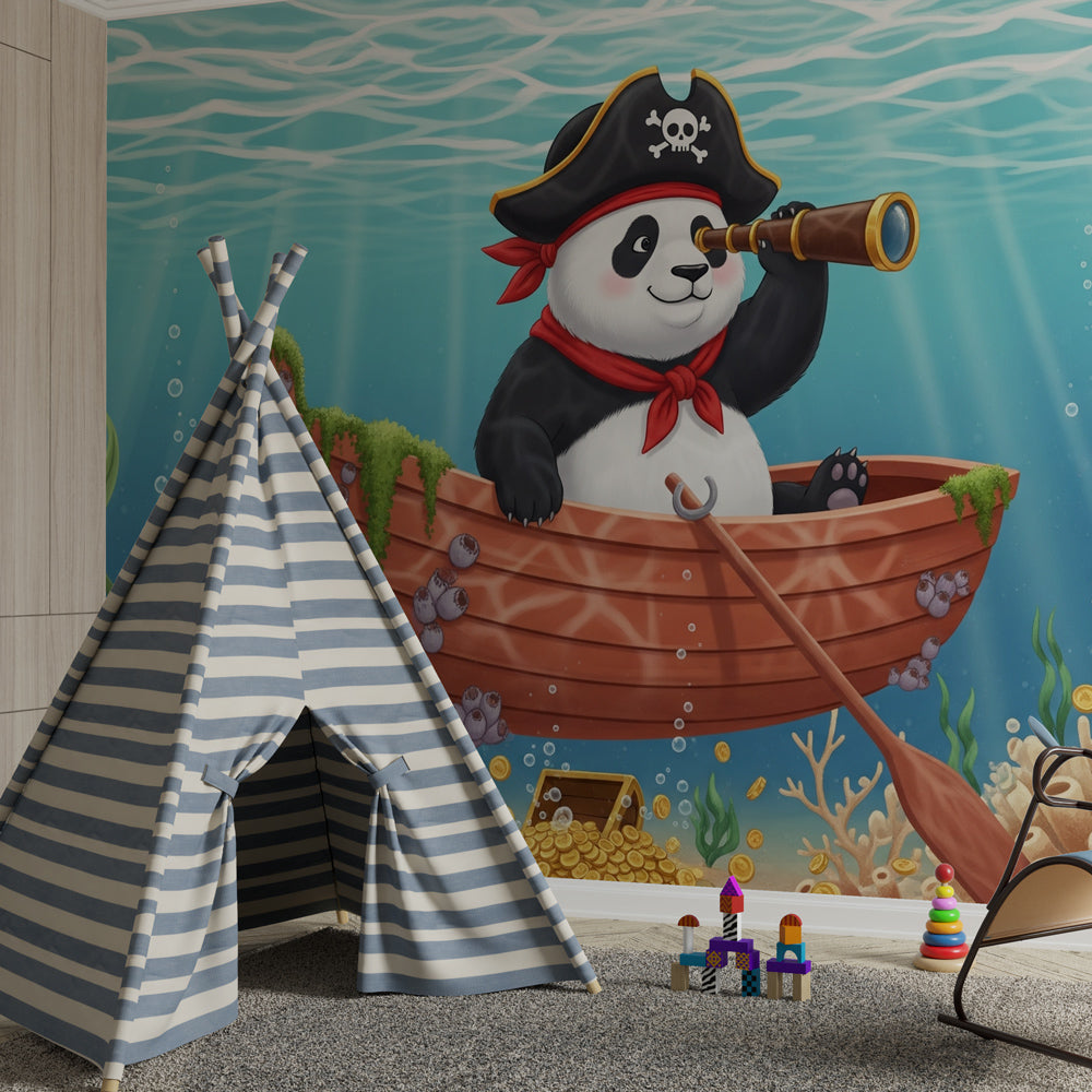 Ocean adventure mural wallpaper featuring pirate panda explorer in children's bedroom setting