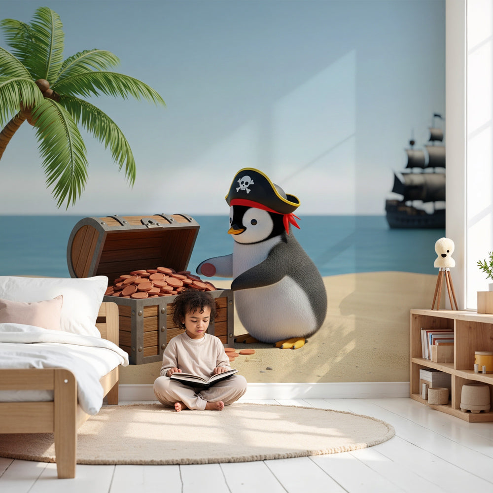 Pirate penguin mural wallpaper in bright kids bedroom with tropical beach adventure theme by Kids-Mundo