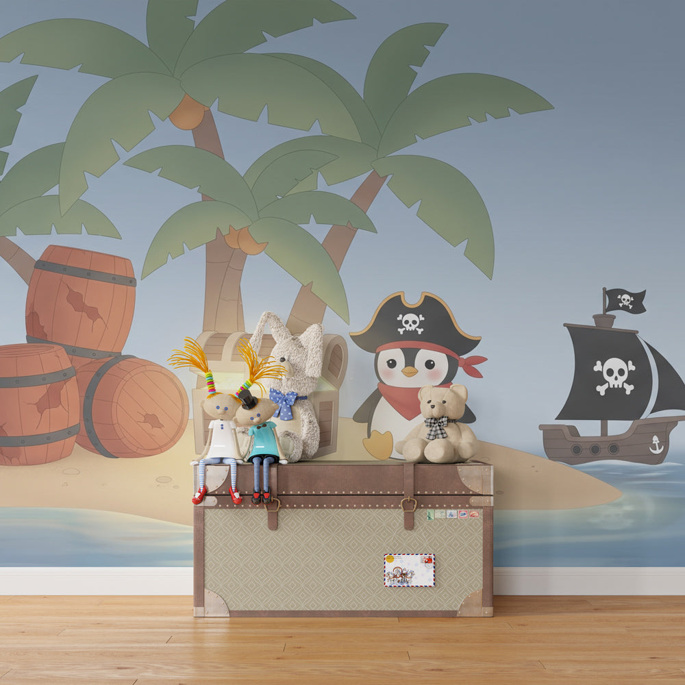 Tropical pirate adventure wallpaper transforming kids bedroom with penguin character and palm trees
