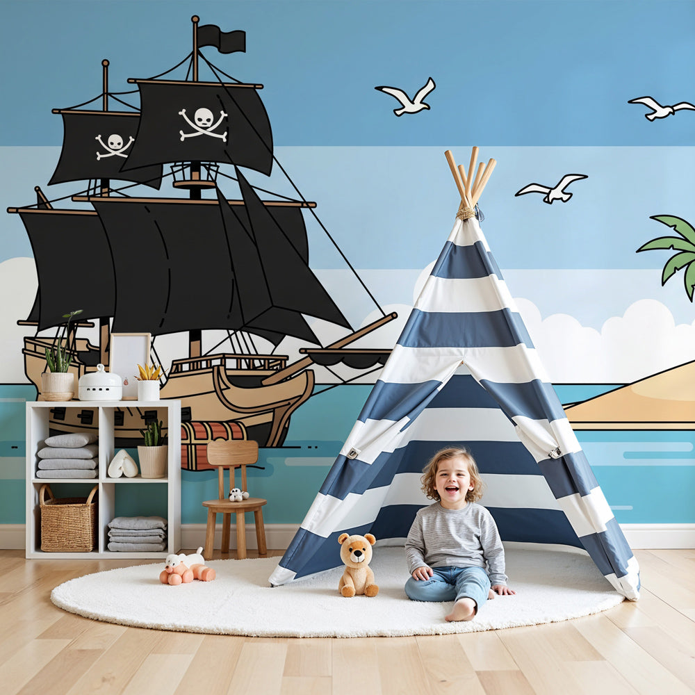 Pirate ship mural wallpaper creating an adventurous kids bedroom with ocean theme by Kids-Mundo