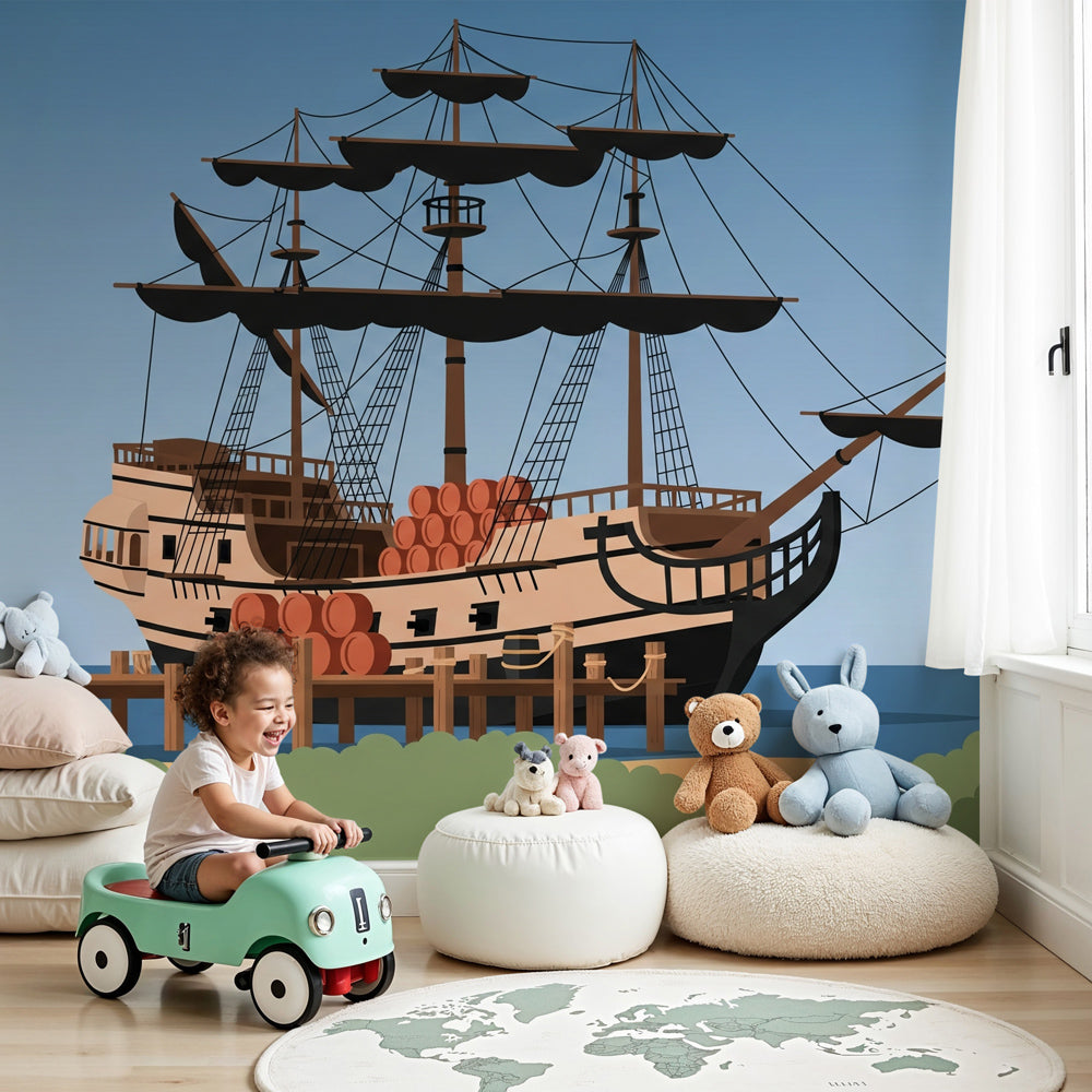 Pirate ship mural wallpaper in modern kids bedroom with nautical decor by Kids-Mundo