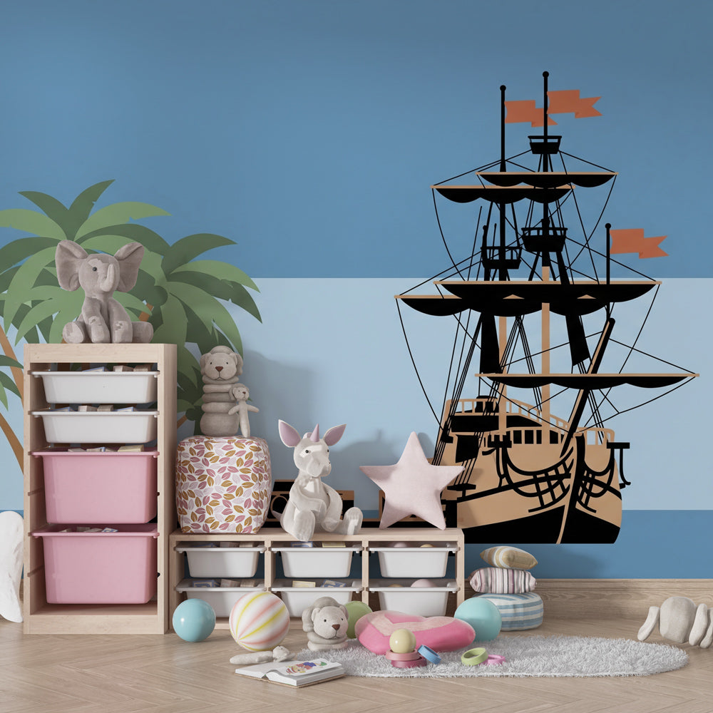 Tropical island pirate adventure mural wallpaper in modern nursery room setting