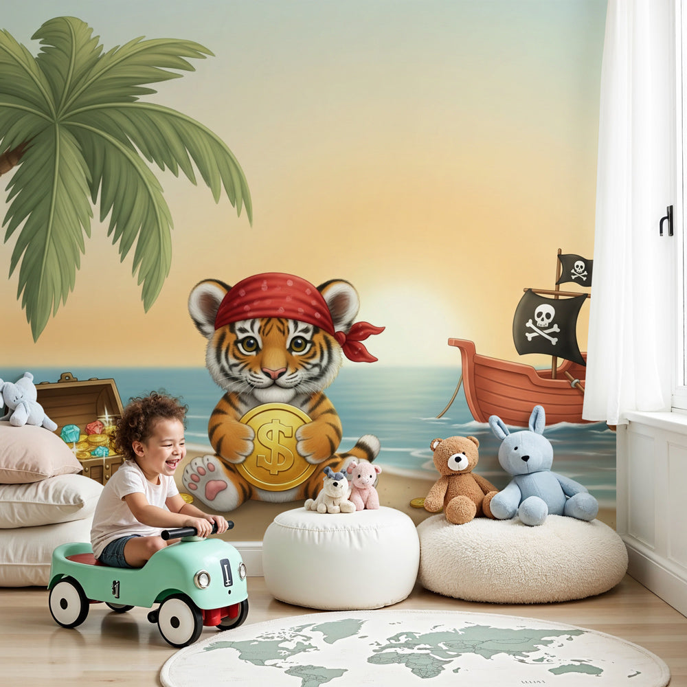 Pirate tiger beach adventure mural wallpaper in modern kids bedroom by Kids-Mundo