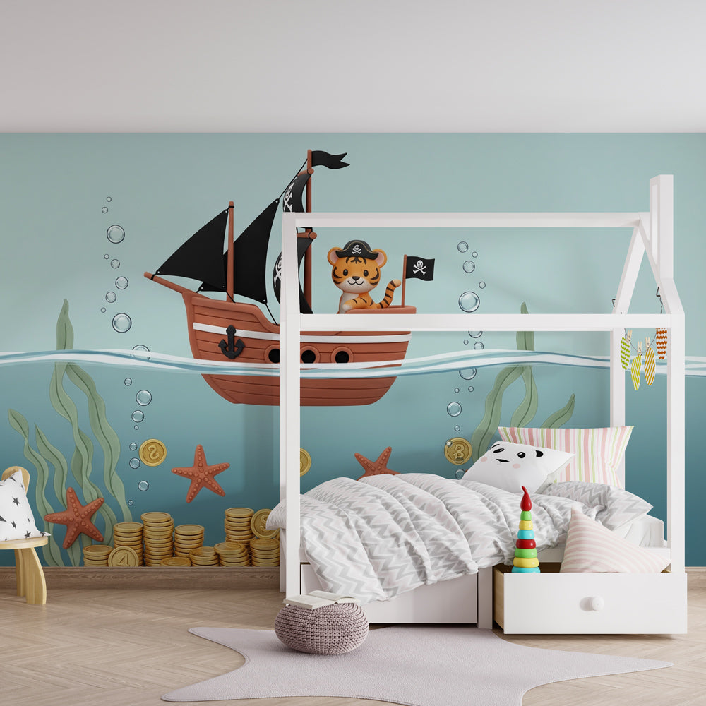 Maritime tiger pirate wallpaper creating adventurous kids bedroom decor with nautical elements