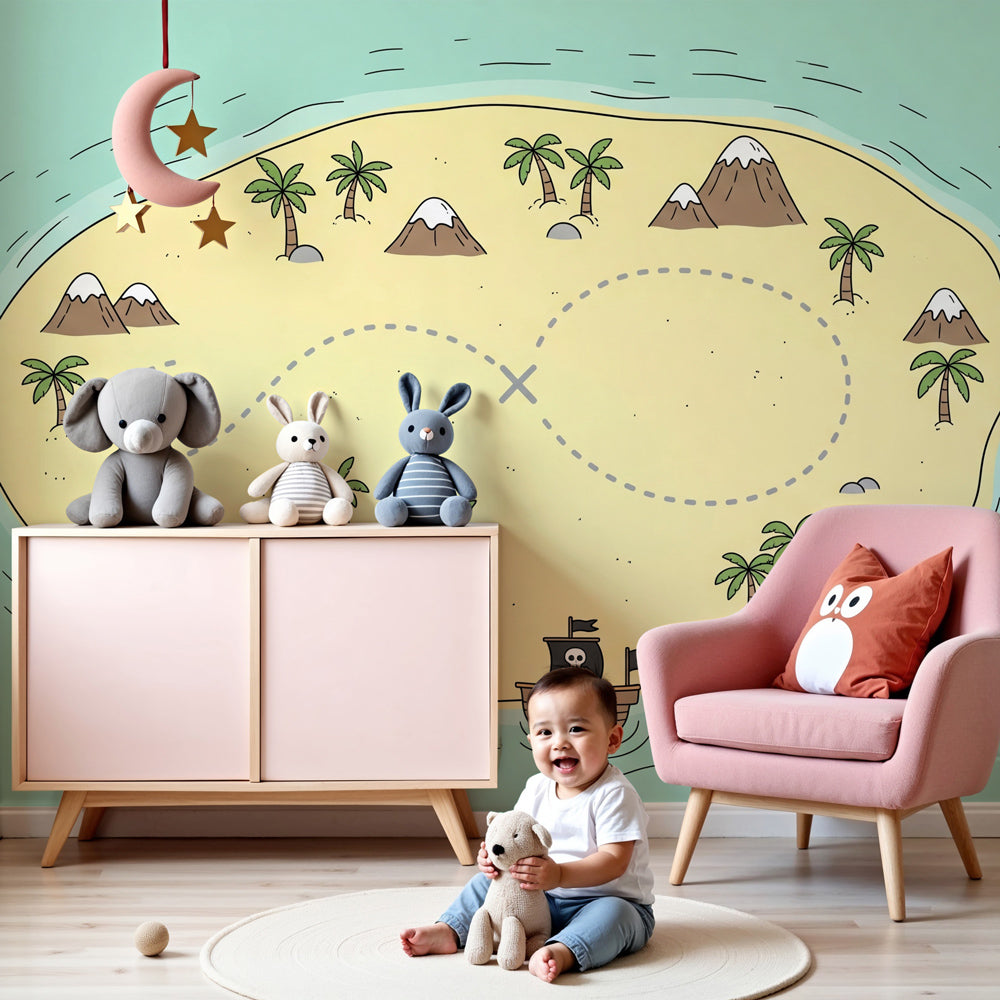 Pirate treasure map mural wallpaper creating adventurous kids bedroom decor by Kids-Mundo