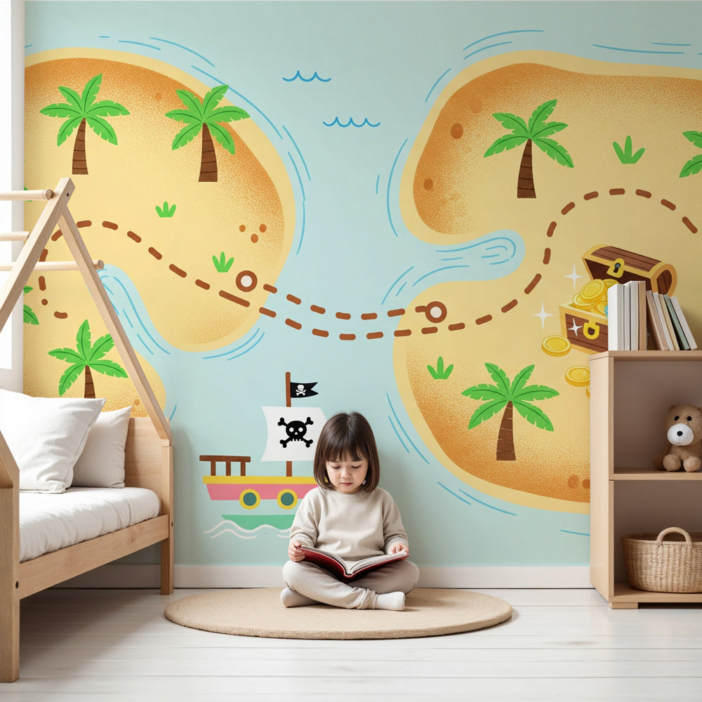 Pirate treasure map mural wallpaper decorating modern kids bedroom with adventure theme by Kids-Mundo