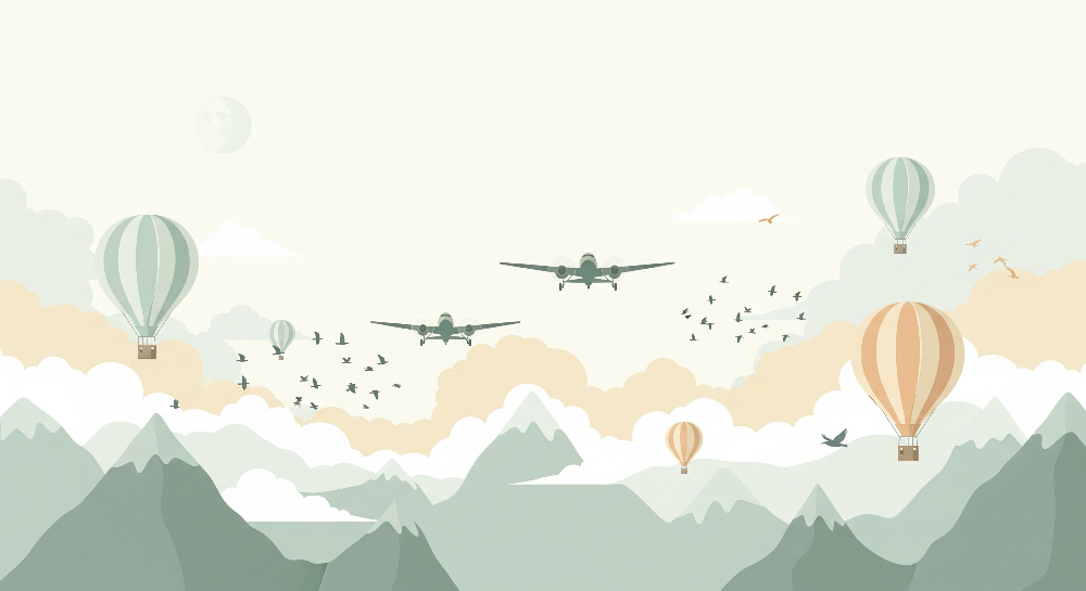 Kids-Mundo flat artwork of the airplanes and hot air balloons over mountain peaks mural