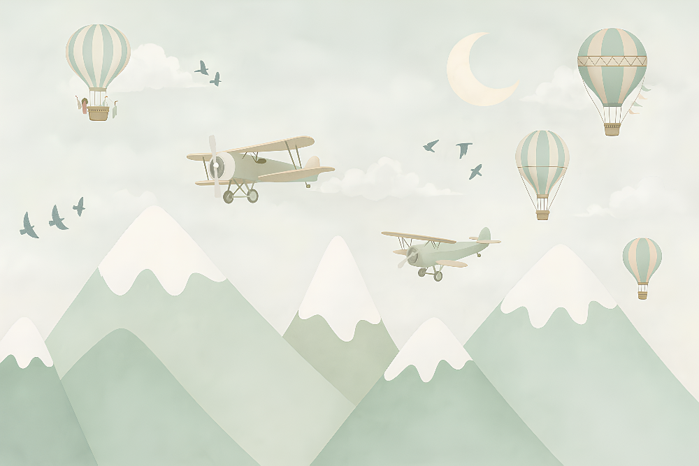 Kids-Mundo artwork of biplanes, striped hot air balloons and a crescent moon over mountains