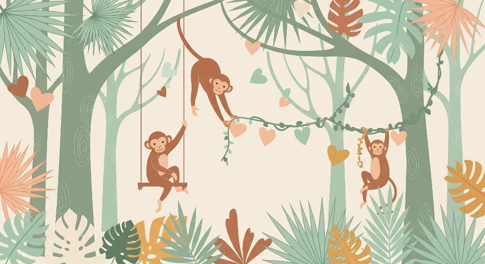 Playful Monkeys in a Heart-Filled Jungle Wall Mural