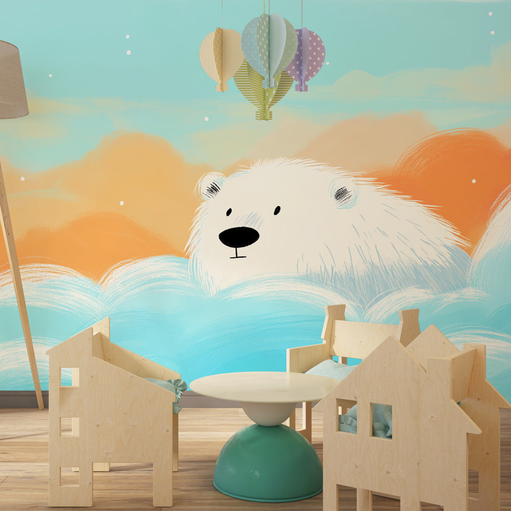Soft pastel polar bear wallpaper with clouds for cozy baby room decor