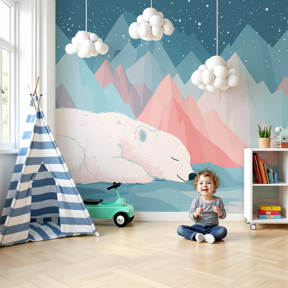 Polar bear mural wallpaper creating peaceful nursery decor with pastel mountain scene by Kids-Mundo