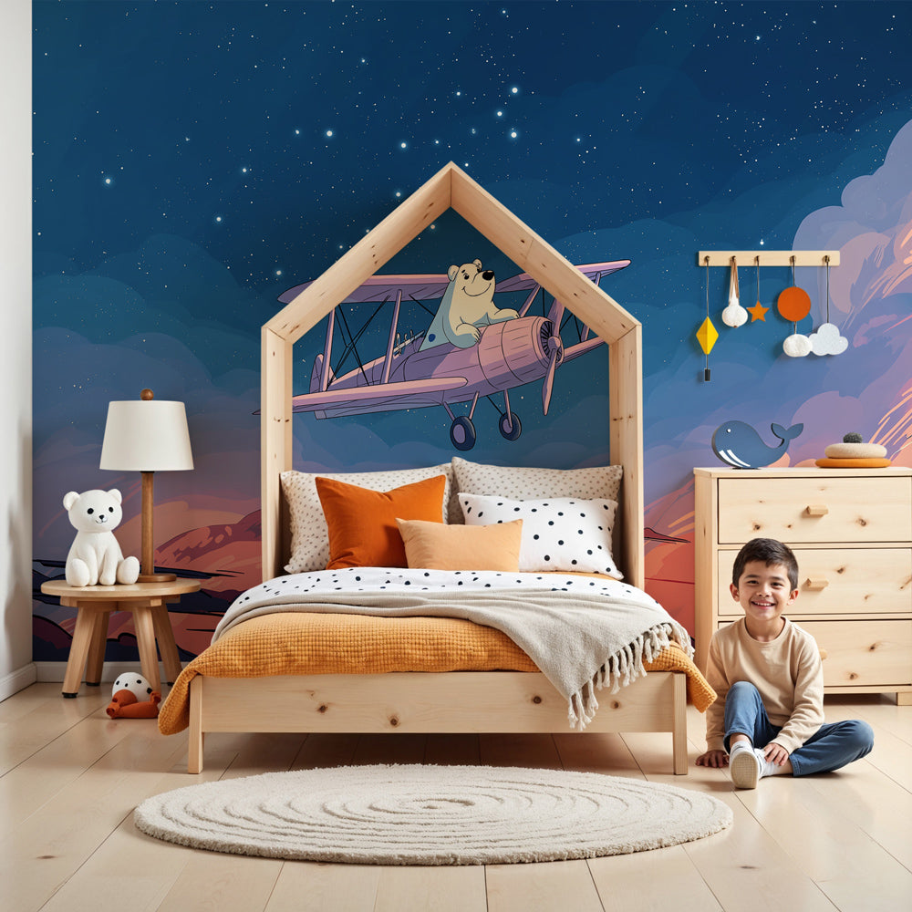 Polar bear pilot mural wallpaper in modern nursery with starry sky theme by Kids-Mundo