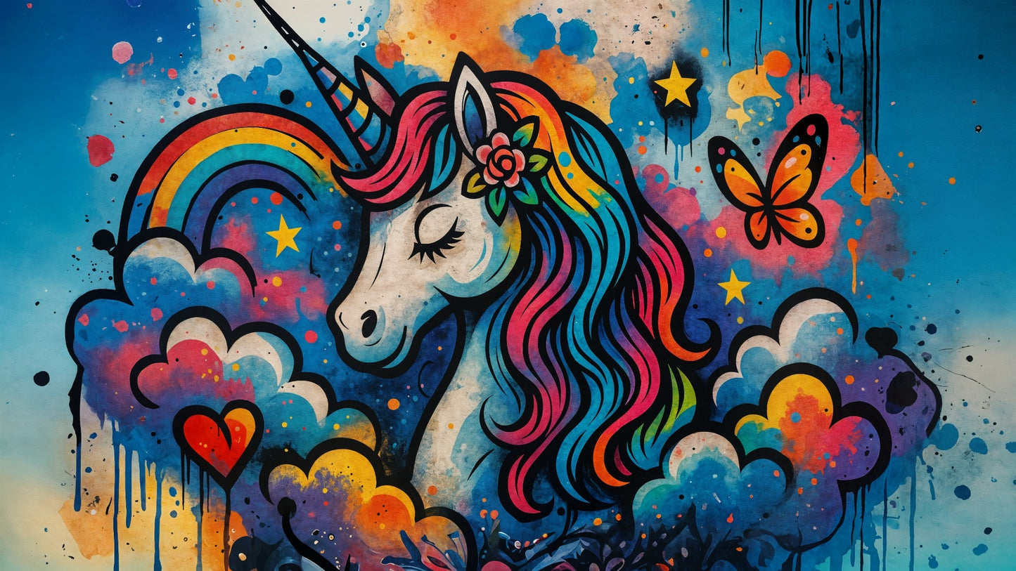 Flat artwork of the Kids-Mundo pop art unicorn wall mural with rainbow, butterfly and paint splatters