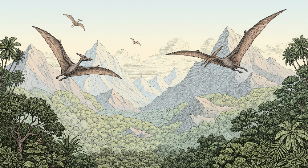 Flat artwork preview of the Kids-Mundo pterosaur wall mural showing a prehistoric valley scene