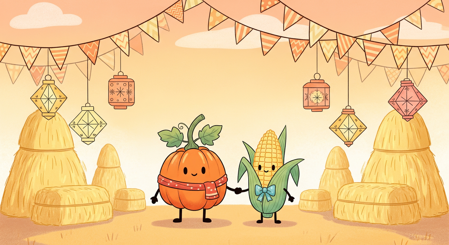 Kids-Mundo flat artwork of a smiling pumpkin and corn character holding hands