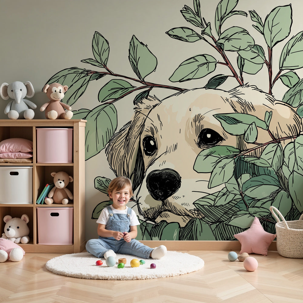 Curious puppy mural wallpaper creating cozy atmosphere in modern nursery room by Kids-Mundo