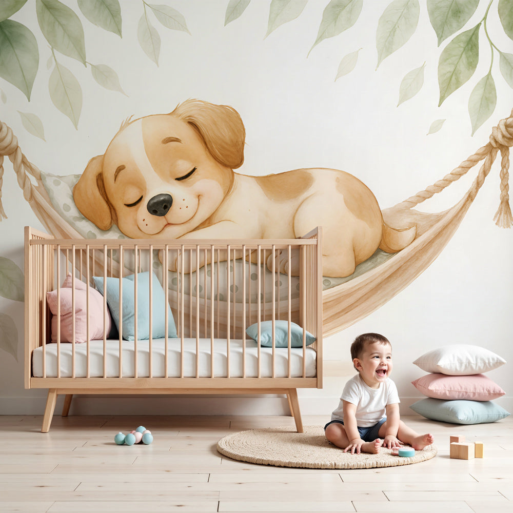 Puppy mural wallpaper with sleeping dog in hammock decorating a peaceful nursery by Kids-Mundo