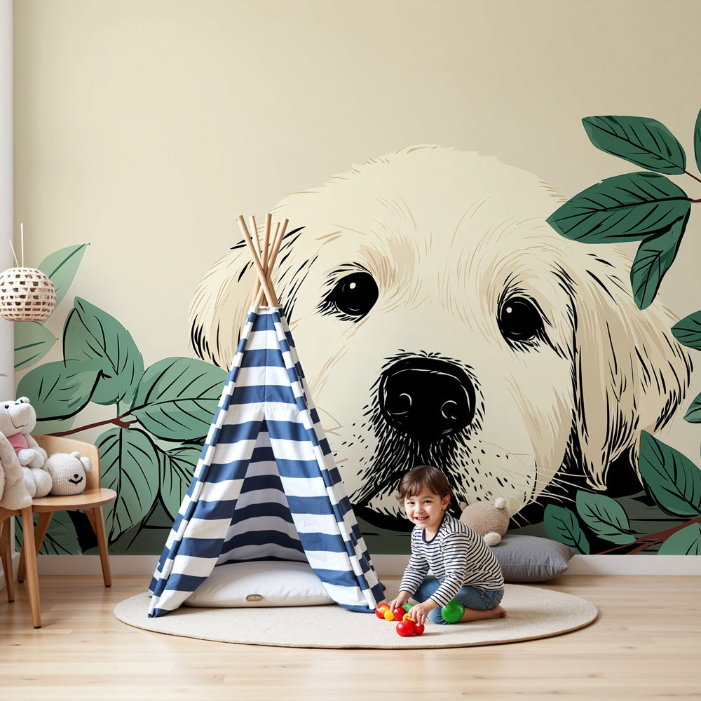 Sweet puppy nature mural wallpaper in bright baby nursery with wooden crib by Kids-Mundo