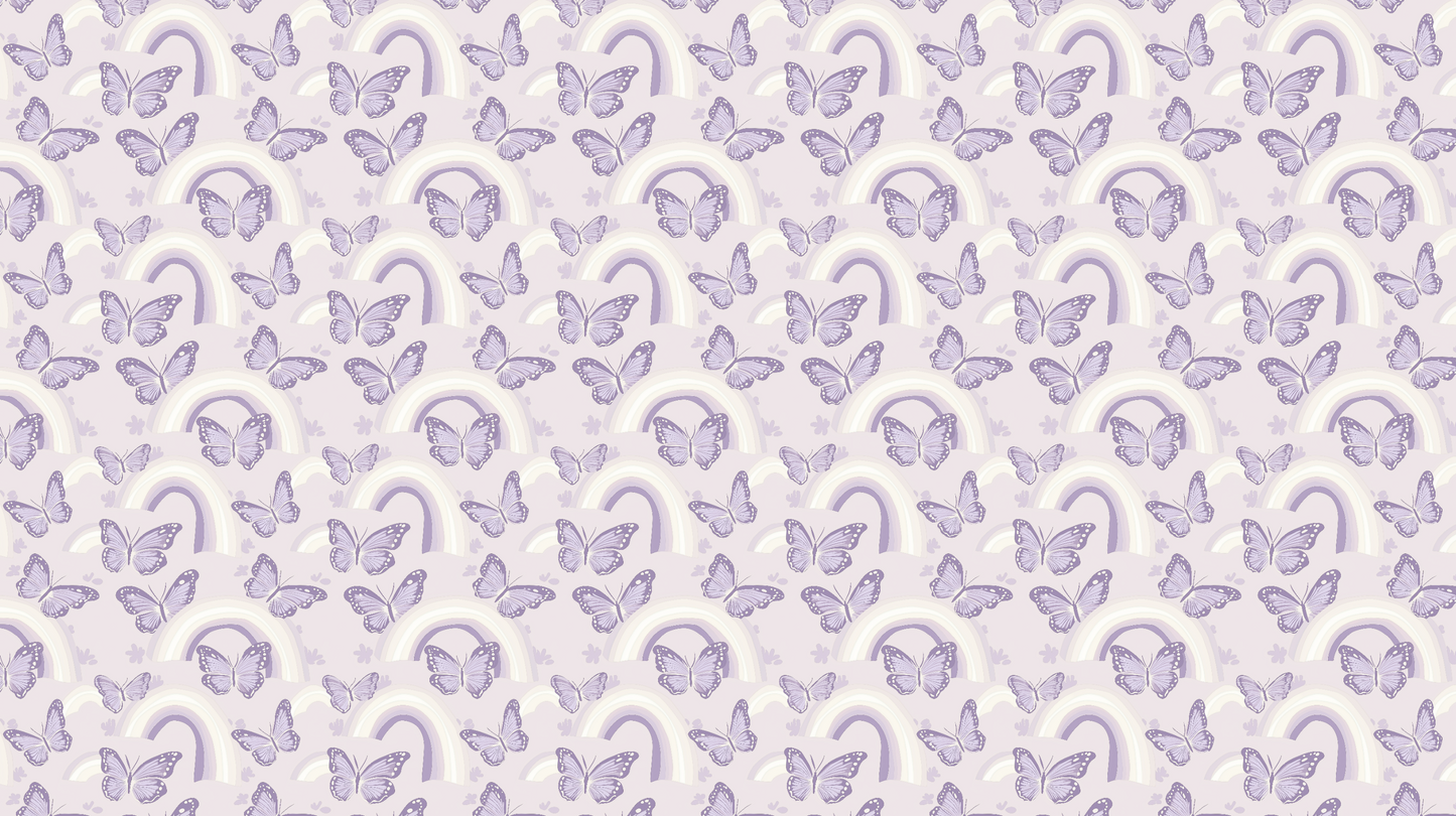Kids-Mundo flat artwork preview of the purple butterfly and rainbow mural pattern design