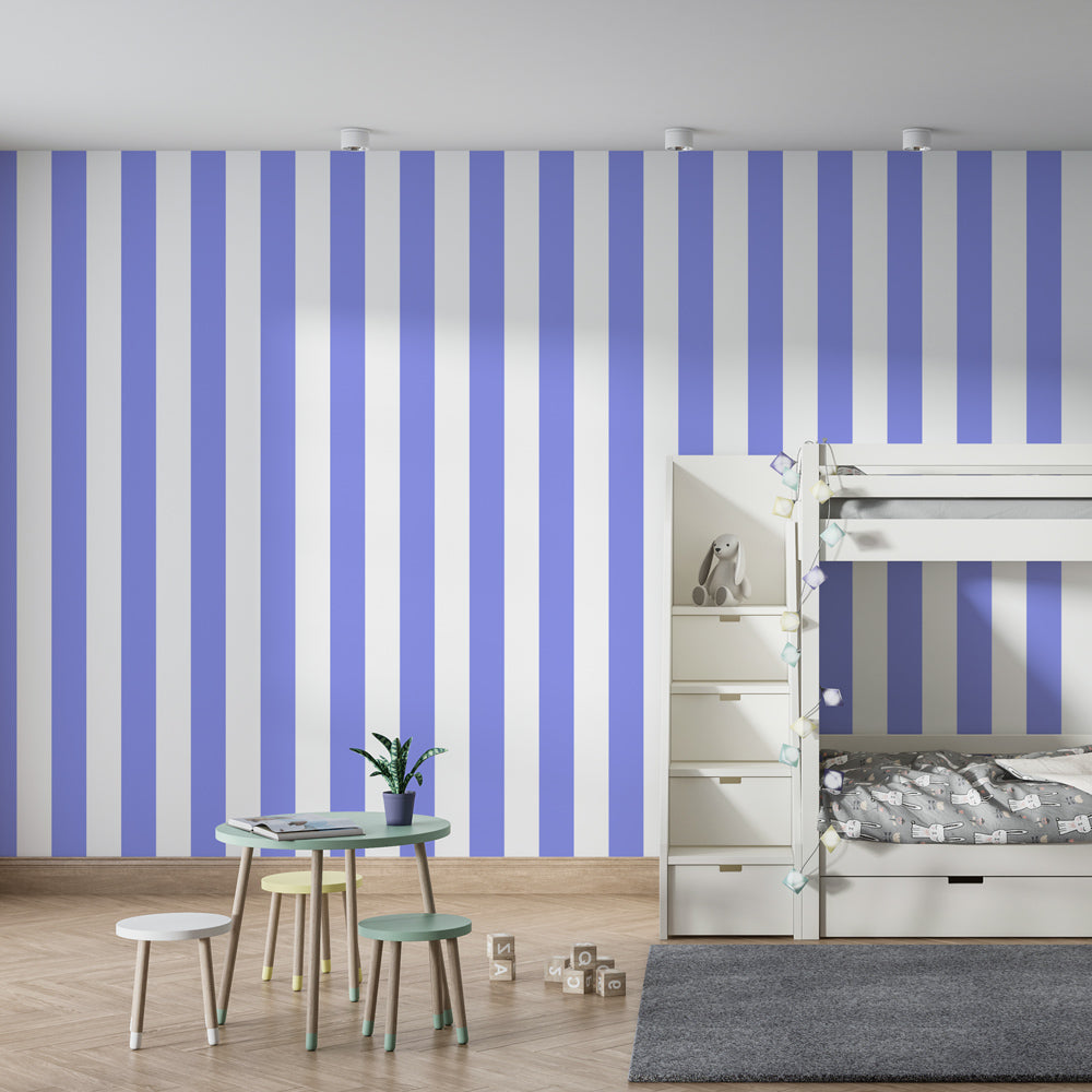 Elegant vertical purple stripe wallpaper creating height in children's bedroom decor