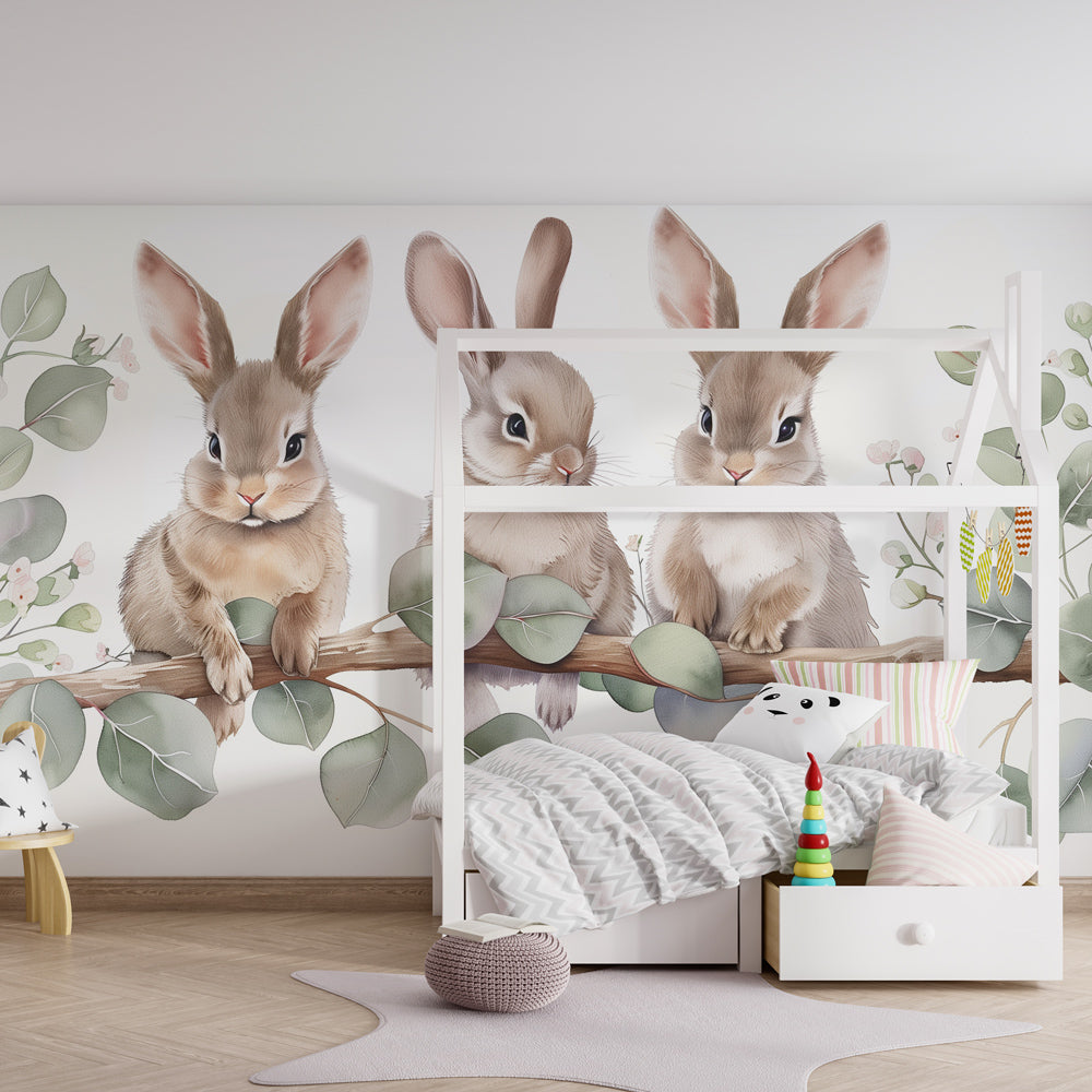 Sweet rabbit tree branch wallpaper transforming modern baby room decor
