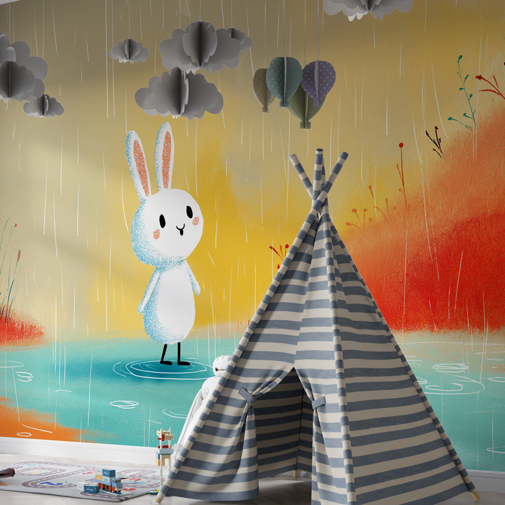 Magical rabbit wallpaper in children's bedroom showing peaceful rain scene with natural colors