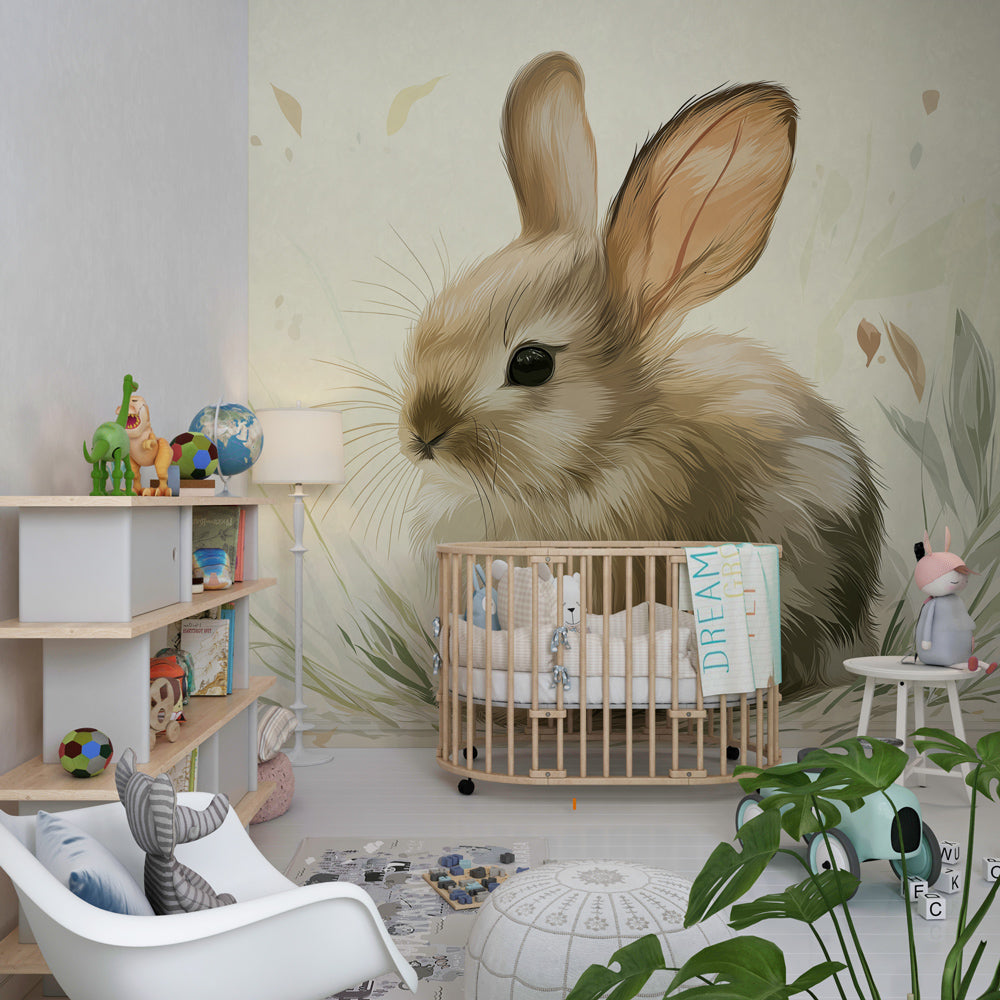 Sweet rabbit nature mural wallpaper in cozy children's bedroom interior