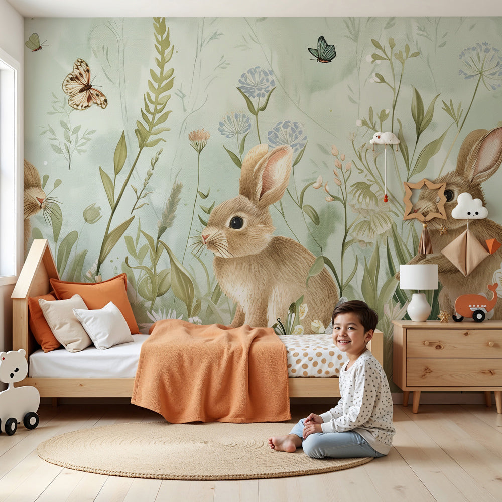 Playful rabbit mural wallpaper in modern nursery setting with green prairie design by Kids-Mundo