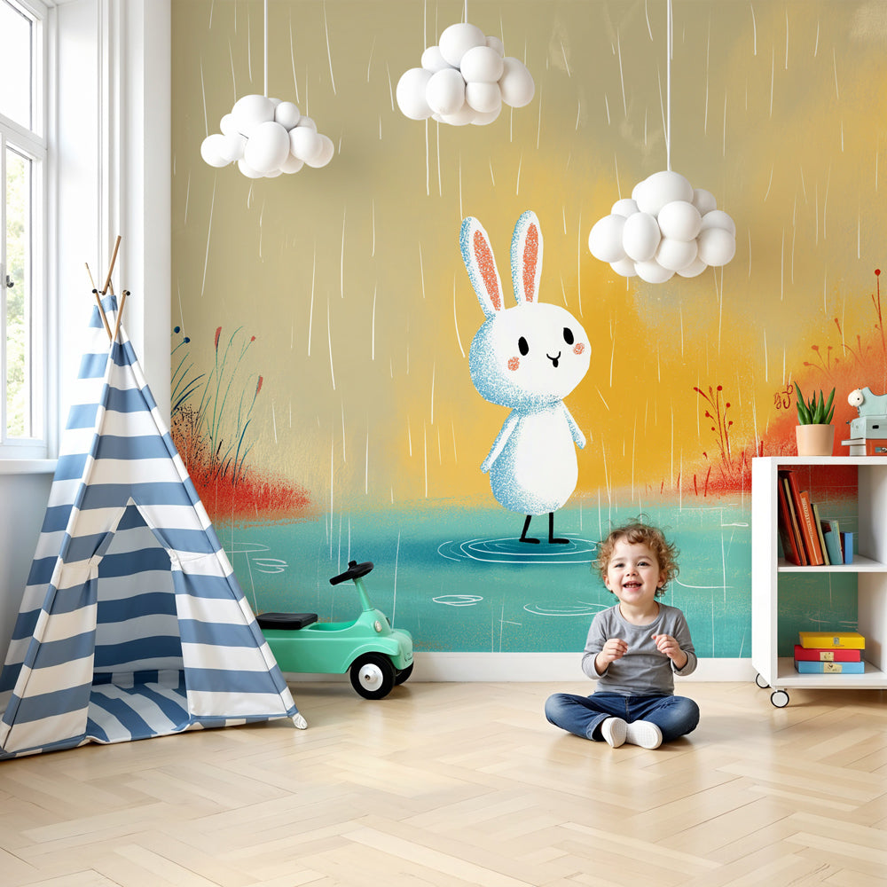 Rabbit rain mural wallpaper creating magical nursery decor with gentle bunny scene by Kids-Mundo