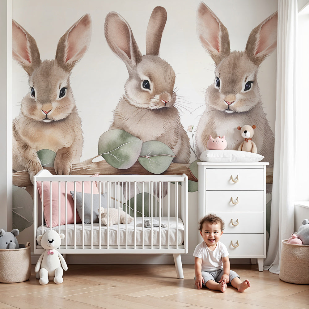 Rabbit mural wallpaper creating peaceful woodland nursery atmosphere by Kids-Mundo