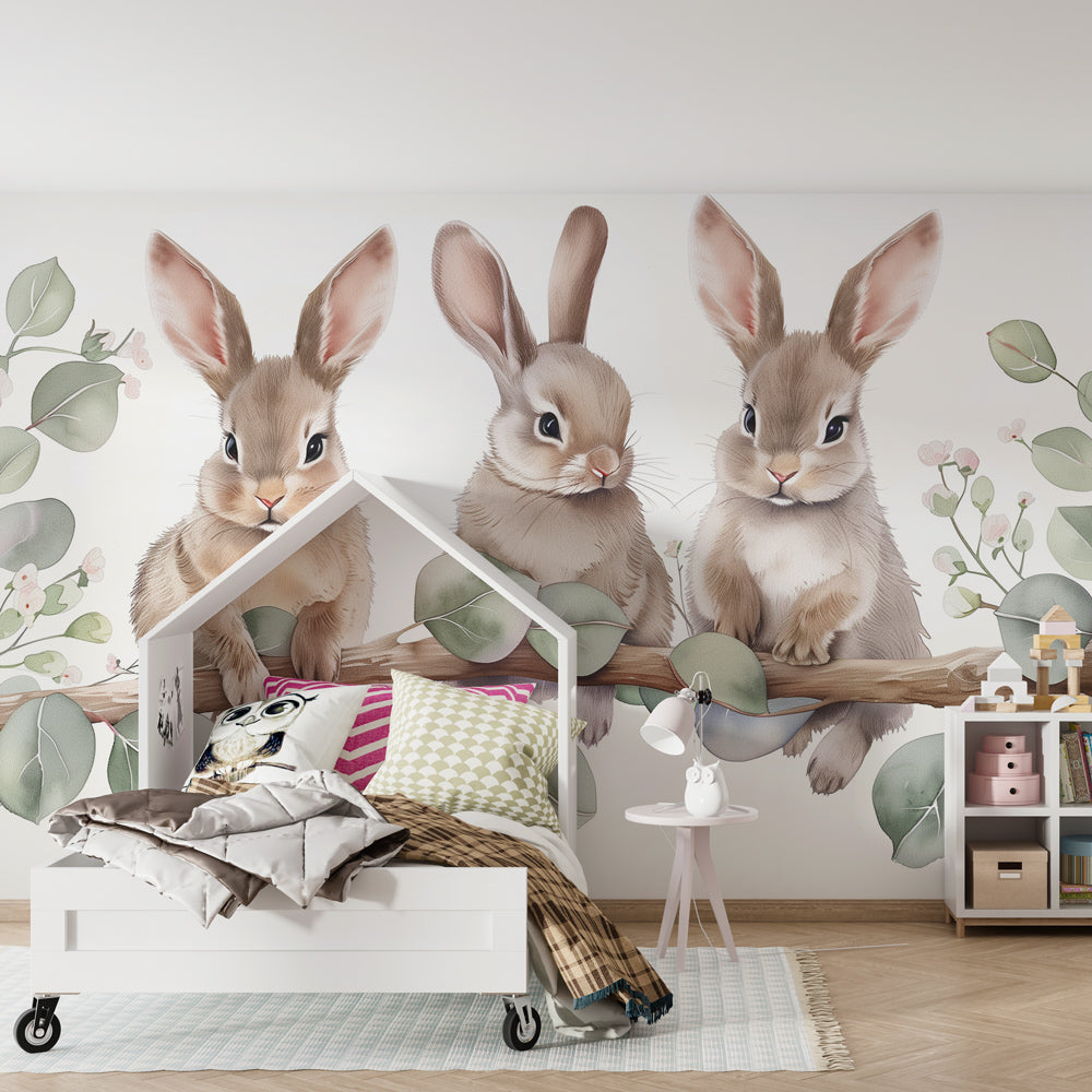 Woodland rabbit wallpaper creating peaceful atmosphere in modern baby room decor