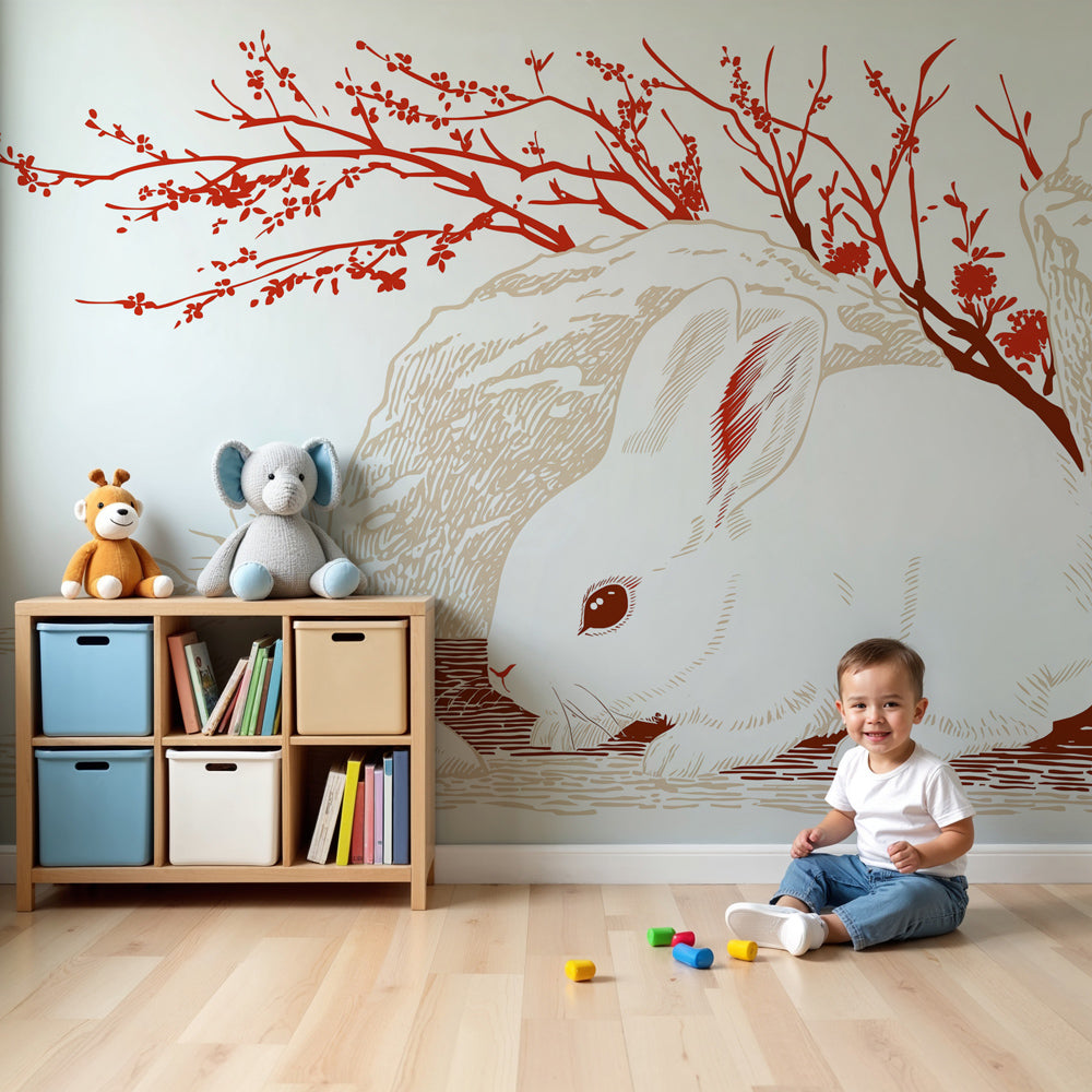 Peaceful rabbit nature mural wallpaper in cream nursery with wooden crib by Kids-Mundo